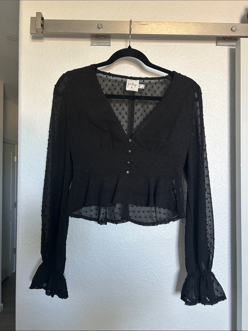 Princess Polly Black Sheer Swiss Dot Peplum Top